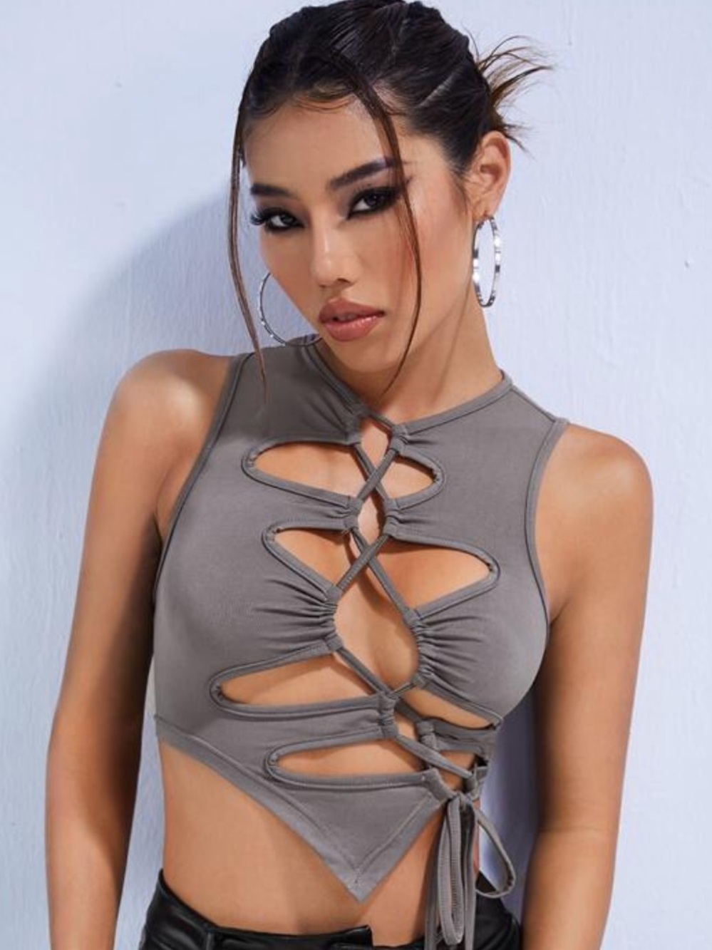 Cutout Lace-Up Crop Tank Top - Gray